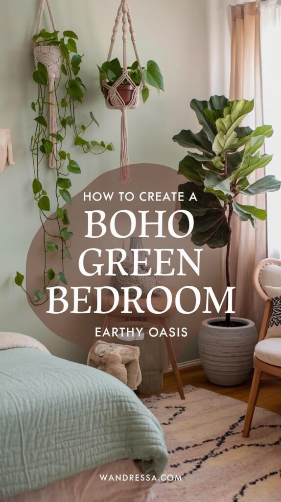 Craft a gorgeous boho green bedroom. Discover how to mix natural materials, cozy textiles, and greenery to create your earthy oasis. Click to see all the ideas!