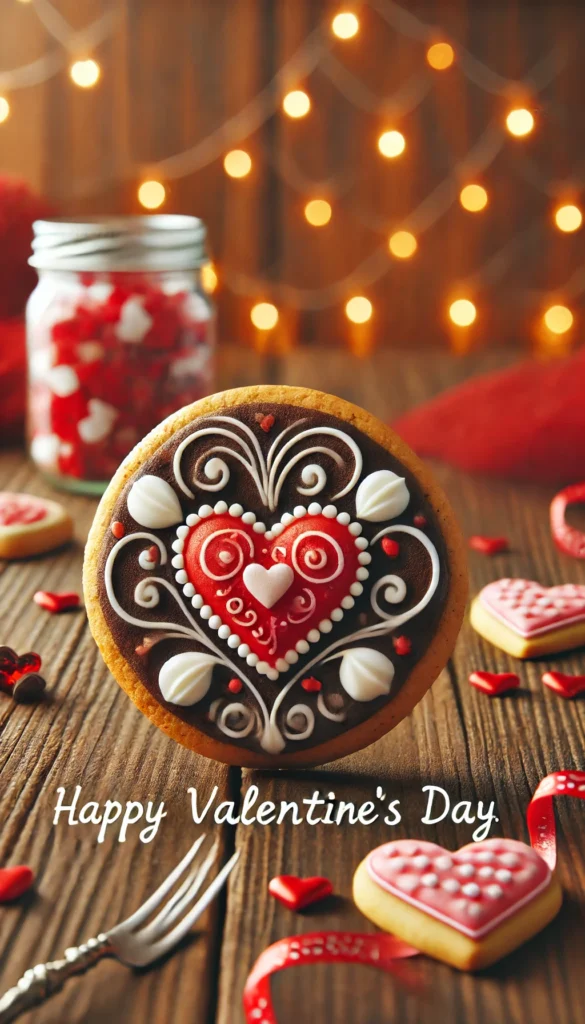 Chocolate hazelnut cookie A decorated low-carb Valentine’s Day cookie decorated with red and white sugar-free icing
