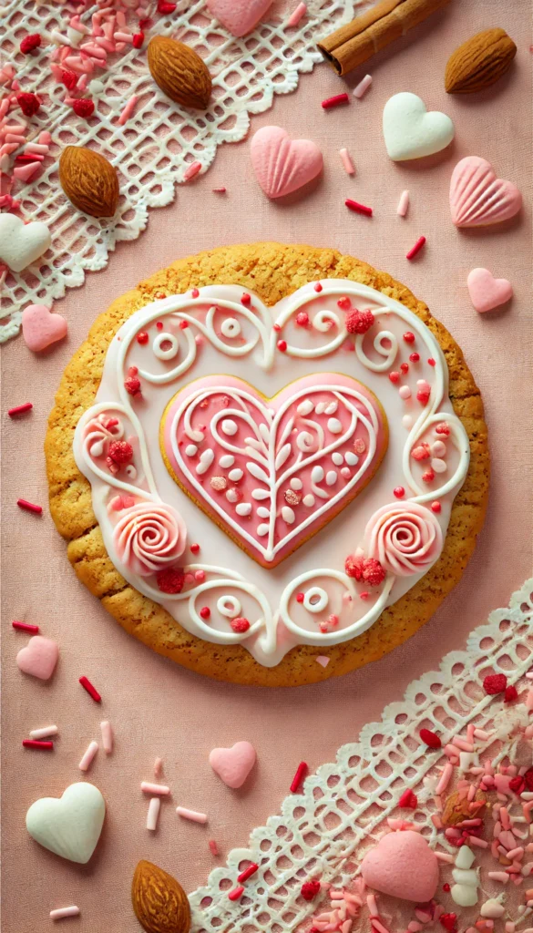 Low carb Valentine Cookies. Decorated cinnamon almond cookie. 