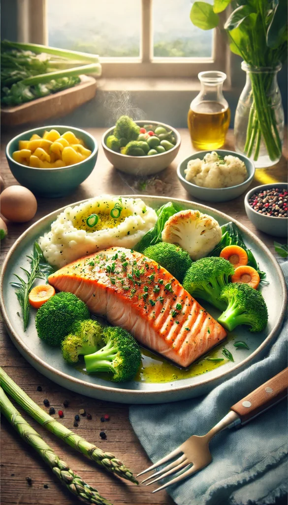 Low-carb Easter dinner ideas - main dishes including baked salmon fillet topped with fresh herbs, served with a side of mashed cauliflower and steamed broccoli