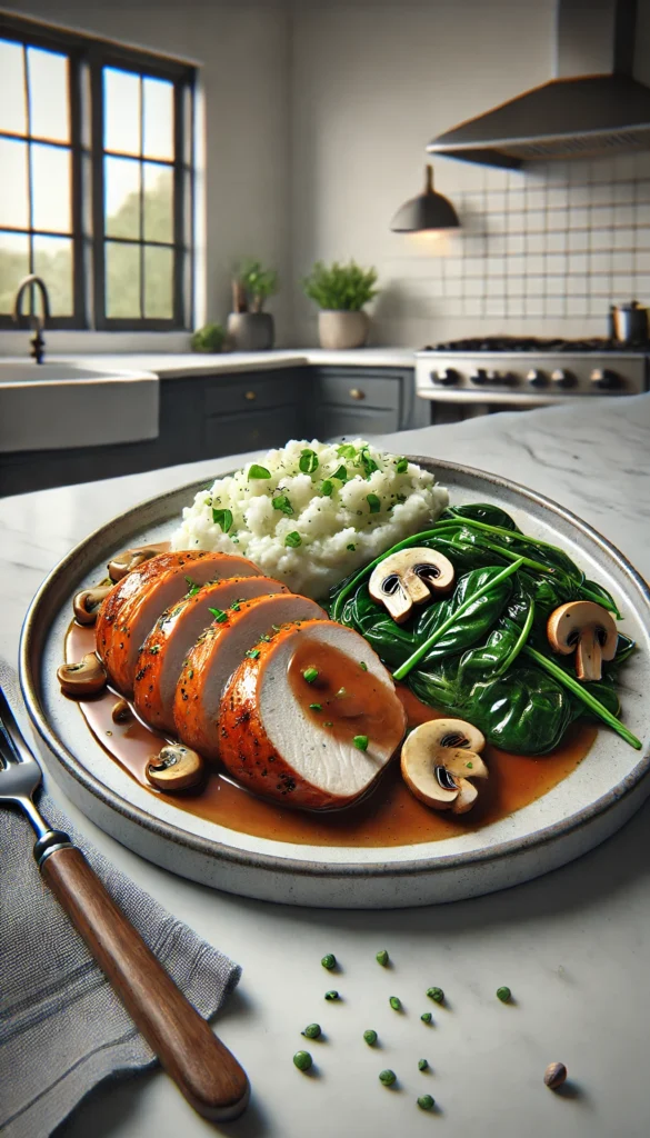 Low-carb Easter dinner ideas - main dishes served on a plate featuring a slice of roasted chicken breast with a rich mushroom sauce, served with sauteed spinach.