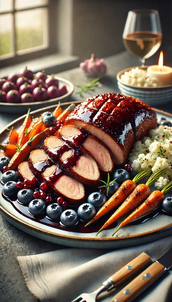 Low-carb Easter dinner ideas - main dishes with a beautifully presented plate of roasted duck breast with a berry glaze, served with roasted carrots and cauliflower mash.