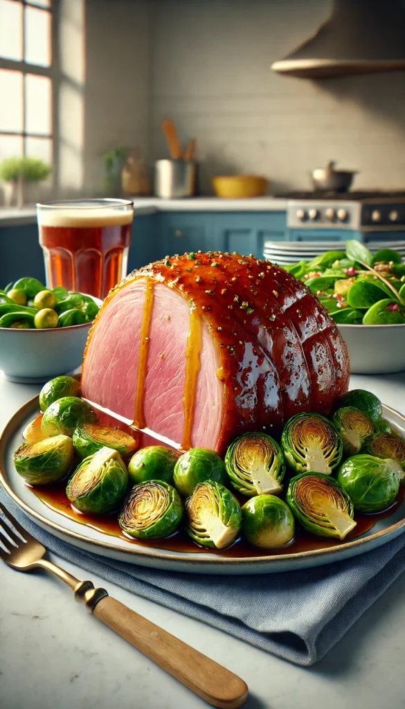 Low-carb Easter dinner ideas main dishes with a large serving of glazed ham, roasted with a tangy mustard glaze, and served with roasted brussels sprouts & spinach salad.