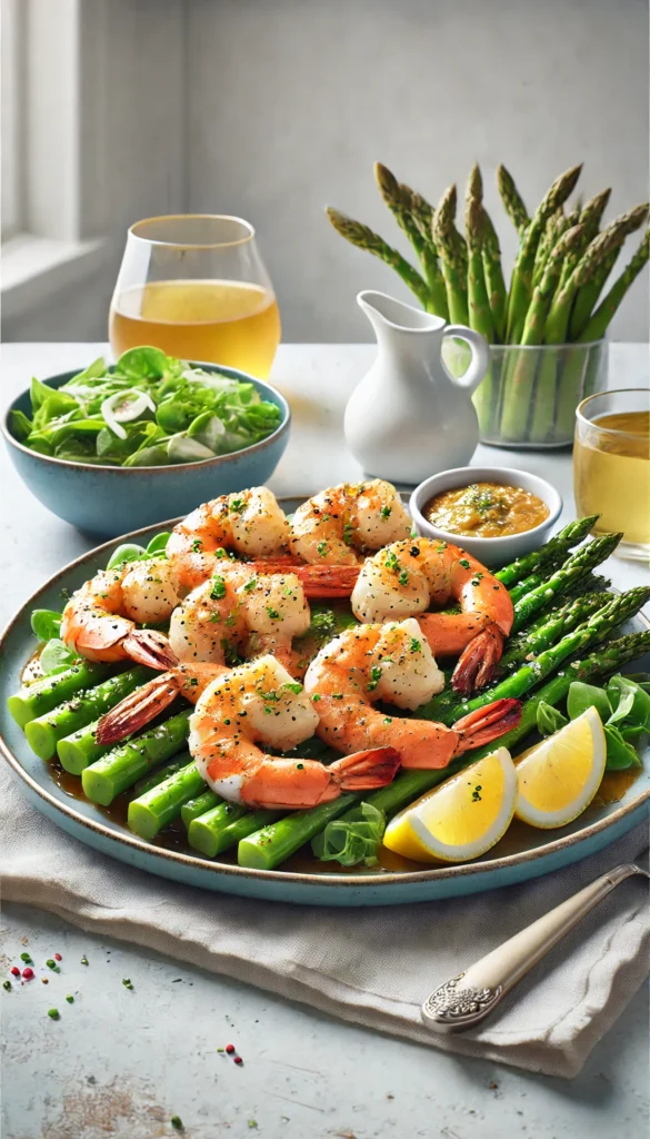 Low-carb Easter dinnerideas - main dishes featuring a large plate of grilled shrimp with a zesty lemon-garlic butter sauce, served with Asparagus