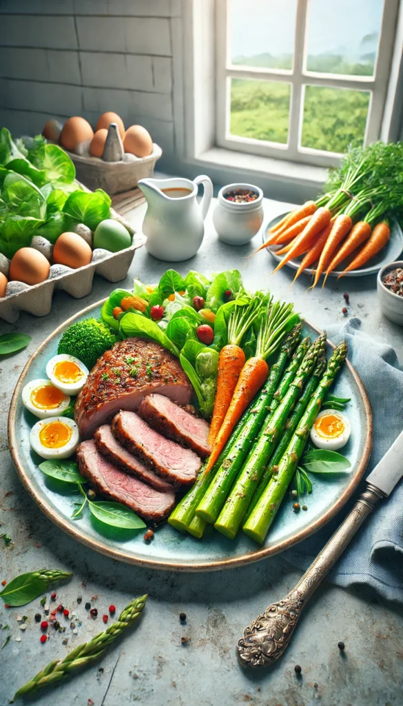 Low carb Easter dinner ideas - main dishes including  roasted lamb, fresh green asparagus, and a side of roasted baby carrots.