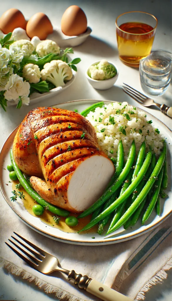 Low-carb Easter dinner ideas main dishes featuring a roasted turkey breast with fresh herbs, served with a side of cauliflower & green beans.