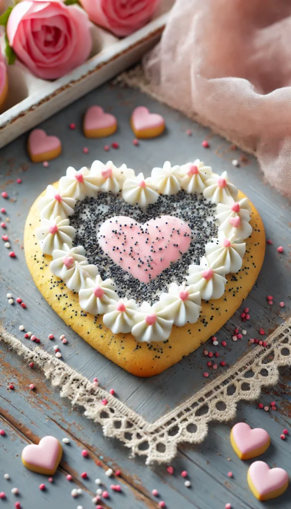 Lemon poppy seed. A decorated low-carb Valentine’s Day cookie featuring a cookie decorated with sugar-free white icing. 