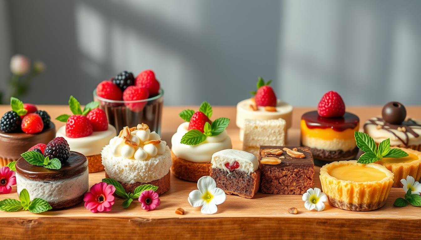 5 Irresistible Low Carb Desserts You Can Make In Under 30 minutes. An array of delicious low carb, sugar-free, keto friendly desserts including cheesecake, chocolate mousse, berries, chocolate brownie.