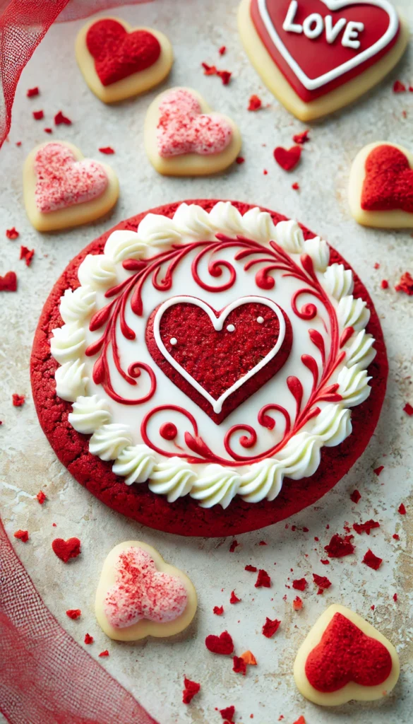 Red velvet almond cookie A decorated low-carb Valentine’s Day cookie decorated with sugar-free white icing.
