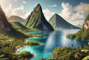 A breathtaking view of St. Lucia's iconic Pitons rising majestically from the Caribbean Sea, framed by lush greenery and a clear blue sky.