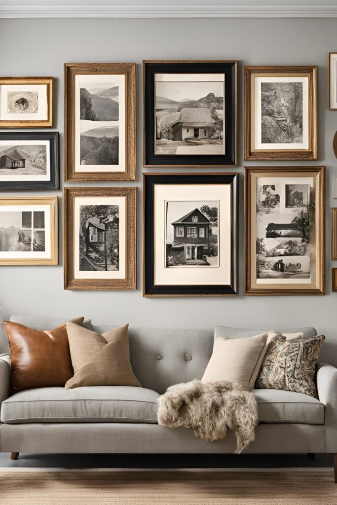 A mixed frame thrifted gallery wall. a wall filled with an eclectic mix of vintage frames showcasing everything from old family photos to charming antique prints, each piece telling a unique story.