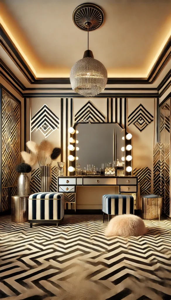 Art Deco Vintage Dressing Room. Features geometric patterns, mirrored furniture, black and gold accents, and decorative glamor.