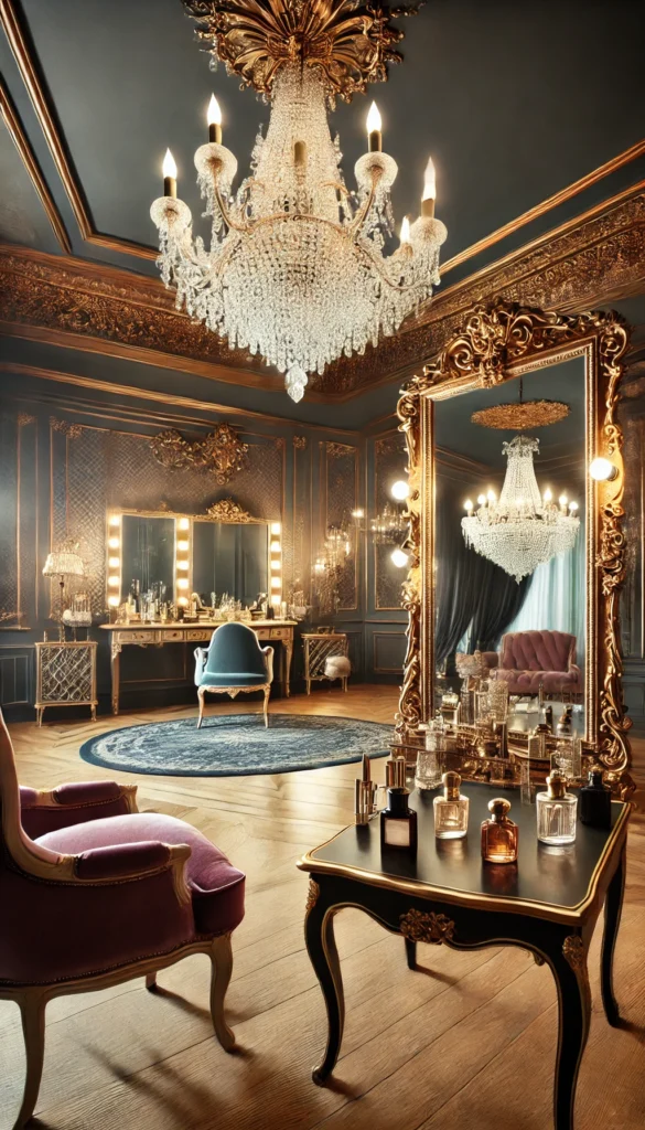 Vintage Dressing Room - Hollywood Glam with a large mirror and chandelier
