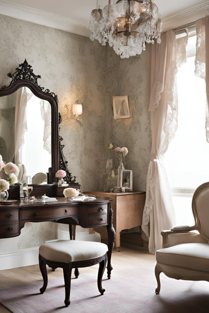 Victorian Chic Vintage Dressing Room where floral prints adorn the walls, soft lace filters the sunlight, and your reflection gazes back at you in an antique mirror framed with delicate carvings.