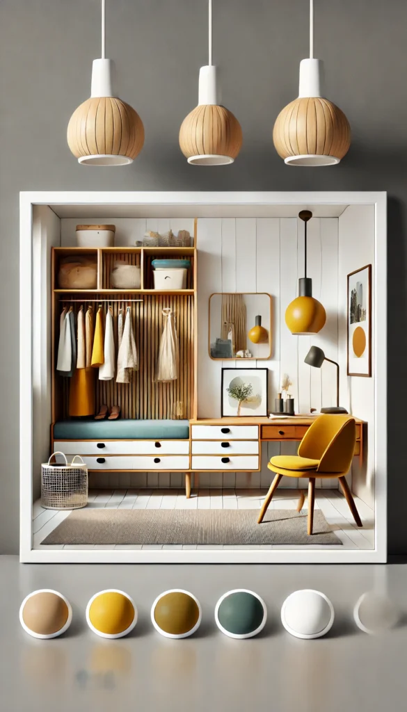  One of the nostalgic Vintage Dressing Rooms is the mid-century modern dressing room. Featuring minimalist furniture with clean lines, wooden accents, retro pendant lamp and pops of color.