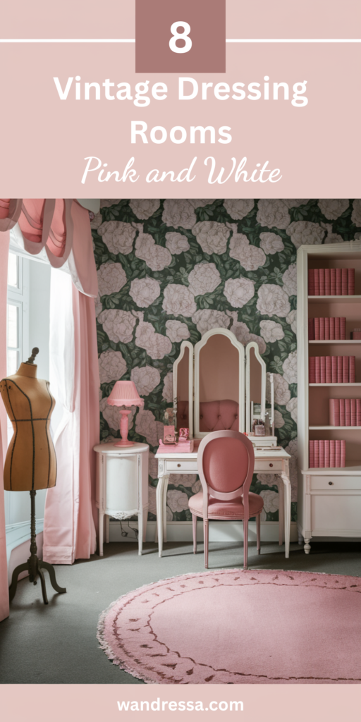 A soft and romantic pink and white vintage dressing room featuring an ornate antique vanity, a blush-upholstered velvet chair, and a grand large vintage mirror reflecting floral decor and delicate vintage perfume bottles.