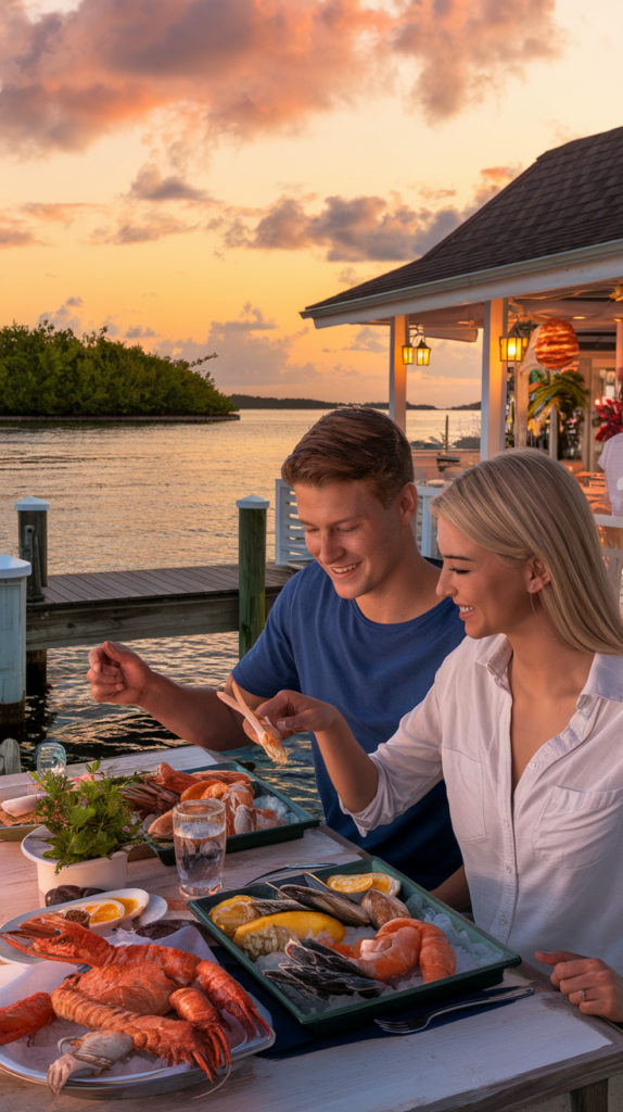 Winter sun destinations. A young couple savoring fresh seafood at a waterfront restaurant as the sun sets, casting shades of orange and pink across the horizon. The gentle sound of waves lapping at the shore completes the scene.