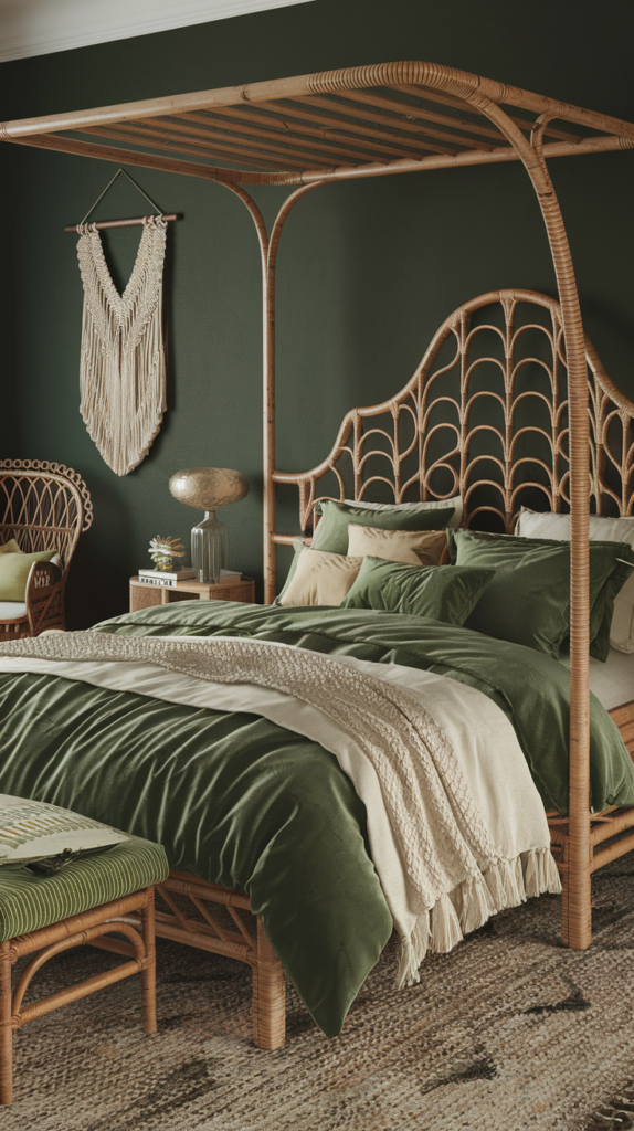 Boho Green Bedroom: Design 1 A dark  green boho bedroom with rattan furniture, macrame wall hangings, luxurious green and cream bedding with a natural throw and a variety of pillows in green and natural. A lovely textured rug and a rattan chair for reading. 