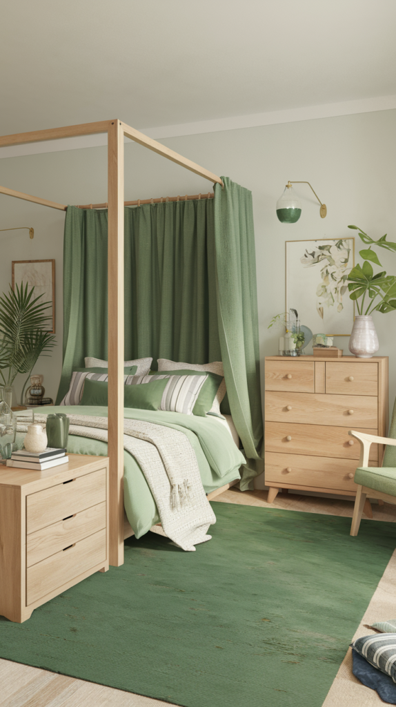 A boho green bedroom with natural light wooden furniture and canopy bed in a minimalist style. 