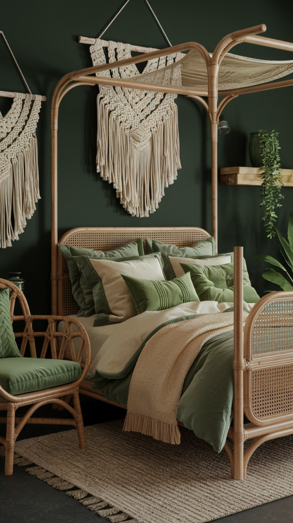 Boho Green Bedroom: Design 2: A dark  green boho bedroom with rattan furniture, macrame wall hangings, luxurious green and cream bedding with a natural throw and a variety of pillows in green and natural. A lovely textured rug and a rattan chair for reading. 