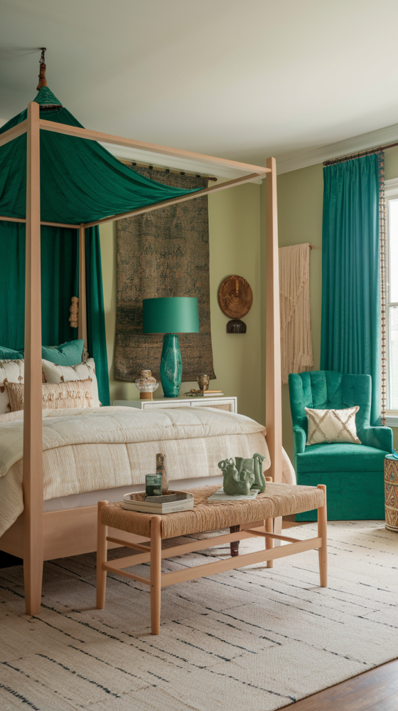 An emerald green boho bedroom with a four poster bed, emerald green arm chair, lamp and curtains with neutral bedding and rattan footer.