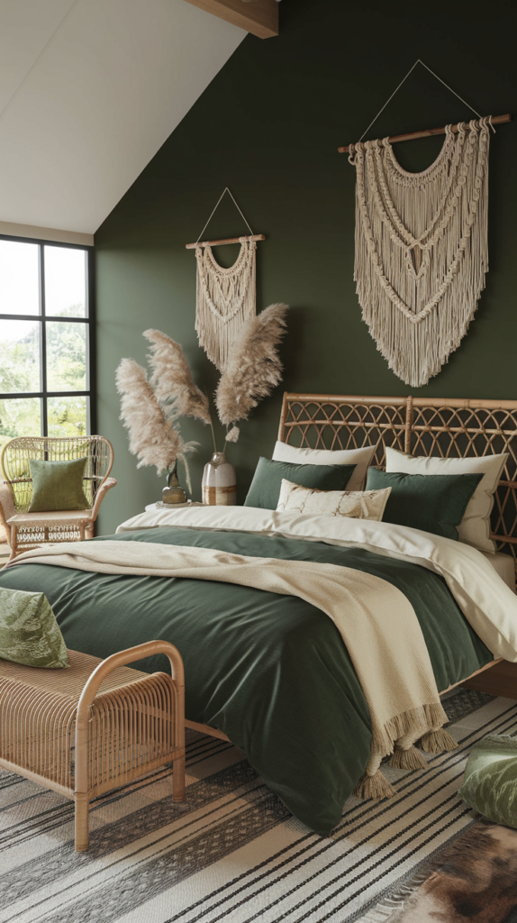 Boho Green Bedroom: Design 3: A dark  green boho bedroom with rattan furniture, macrame wall hangings, luxurious green and cream bedding with a natural throw and a variety of pillows in green and natural. A lovely textured rug and a rattan chair for reading. 