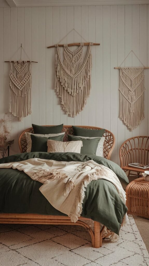 Boho Green Bedroom: Design 4: A dark  green boho bedroom with rattan furniture, macrame wall hangings, luxurious green and cream bedding with a natural throw and a variety of pillows in green and natural. A lovely textured rug and a rattan chair for reading. 