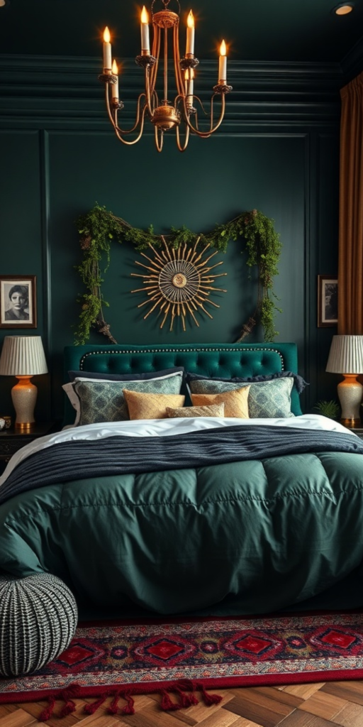 A rich deep jewel toned dark green boho bedroom with boho decor and a large king bed with luxurious bedding comforters and pillows