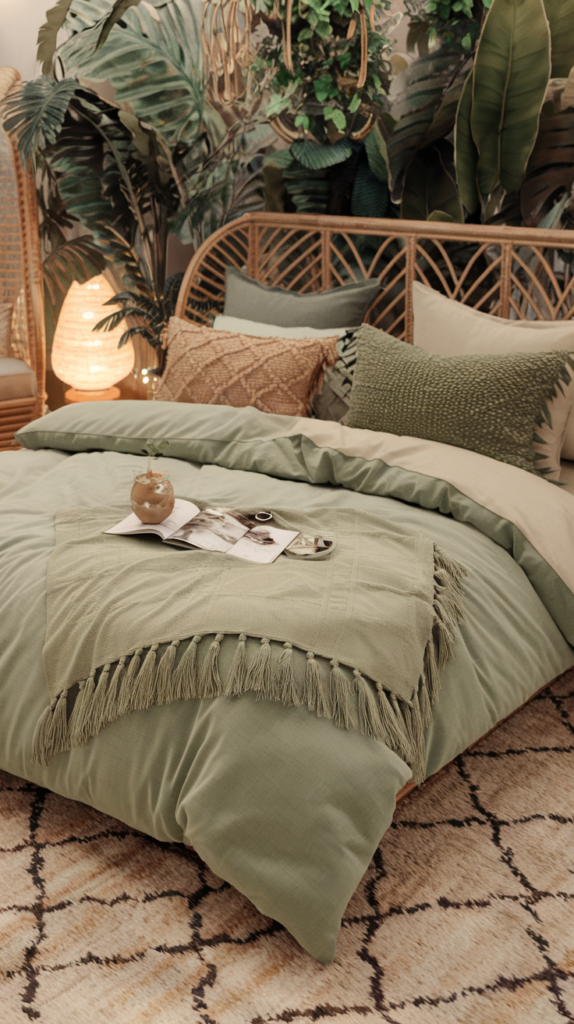 Love green boho bedroom  tones and boho vibes? Learn how to layer textures, add plants, and create the earthy oasis of your dreams. Click through for all the inspo!