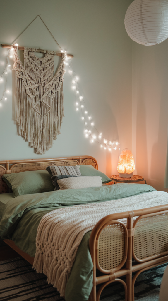 A boho green bedroom with warm fairy lights drape across your headboard, casting a soft glow over your boho green bedroom. A paper lantern hangs in the corner, and the amber light of a Himalayan salt lamp creates an intimate, serene atmosphere that’s perfect for unwinding after a long day.