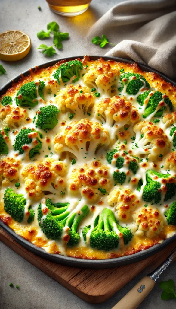 Low carb Easter dinner ideas including cauliflower and broccoli gratin, beautifully golden and bubbling from the oven, with a generous layer of melted cheese.