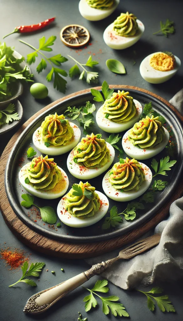 Low carb Easter Dinner ideas including  deviled eggs with avocado, elegantly presented on a platter. The avocado mixture is piped into the halved egg whites and garnished with herbs.
