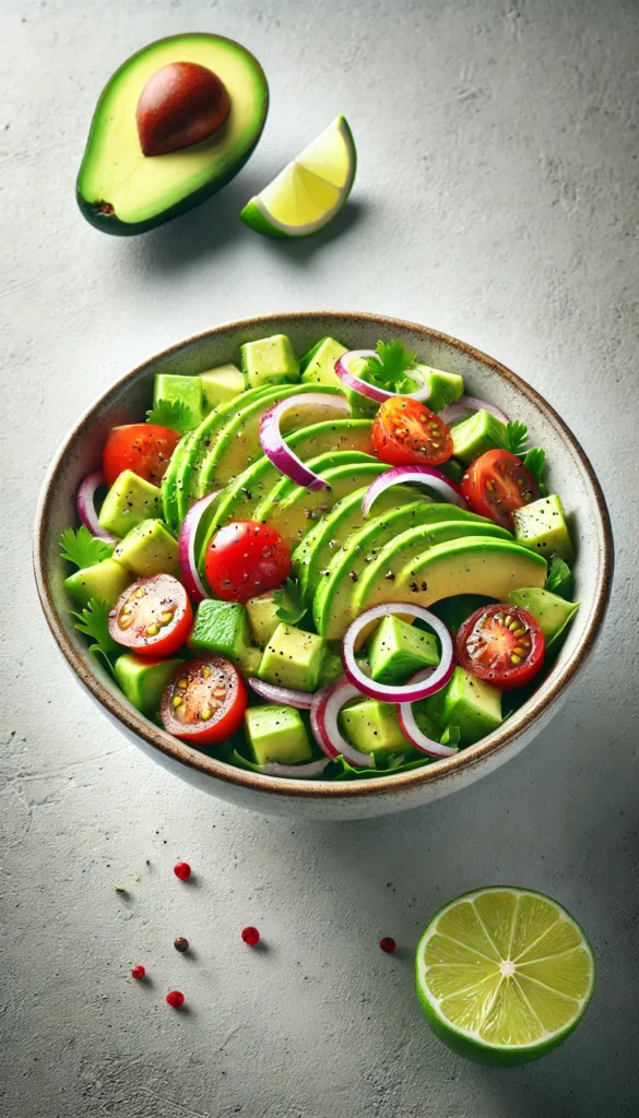 DALL·E 2025-01-30 22.10.05 - A hyper-realistic, photo-like image of a fresh avocado salad with lime dressing, served in a modern bowl. The diced avocado is paired with vibrant cherry tomatoes, sliced red onios and herbs.