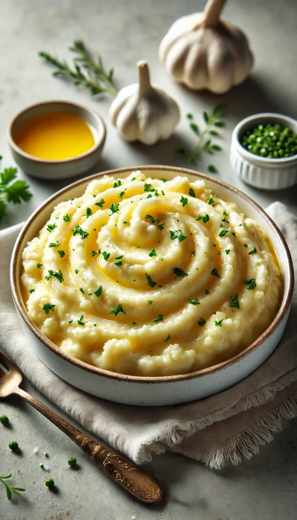Low Carb Easter Dinner ideas including a creamy garlic mashed cauliflower dish, served in a beautiful white bowl with fresh herbs sprinkled on top. 