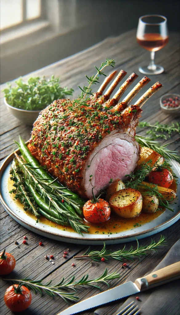 Low carb Easter Dinner Ideas including a beautifully presented herb-crusted roast lamb with golden, crispy edges, served on a white plate with roasted potatoes, tomatoes and greens with herbs.