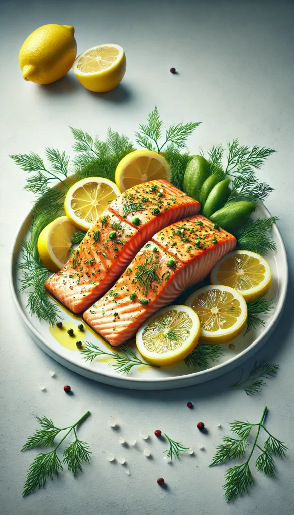Low carb Easter dinner ideas including lemon-dill salmon fillets, perfectly cooked and garnished with lemon slices and fresh dill, served on a white plate.