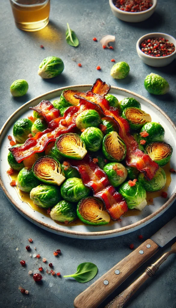 Low carb Easter Dinner ideas including roasted Brussels sprouts with crispy bacon, served on a white plate. The Brussels sprouts are golden and caramelized.