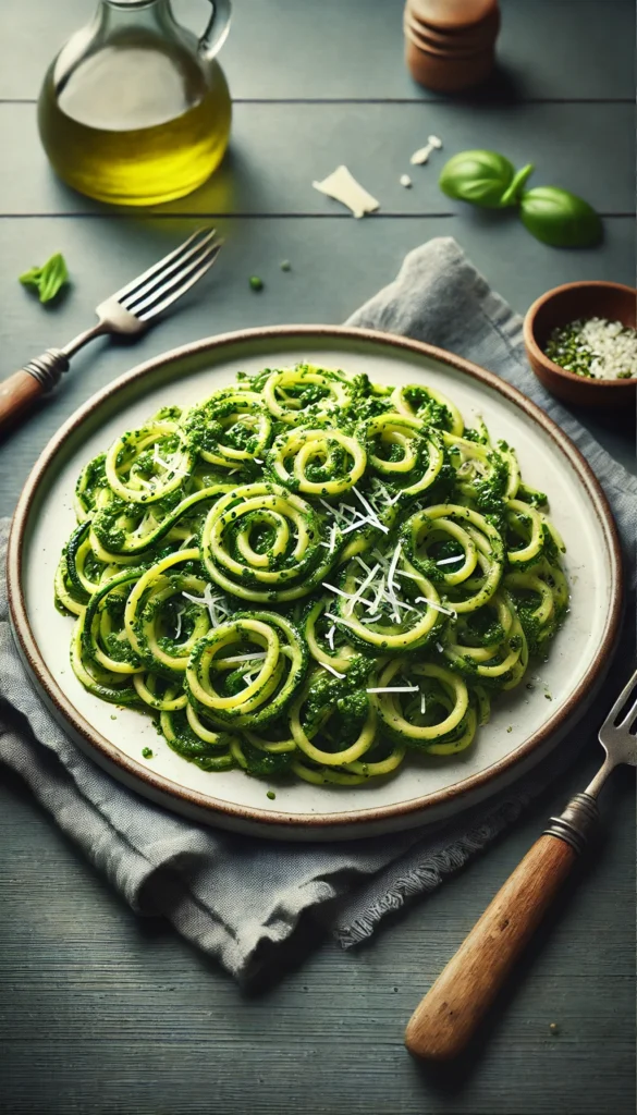 Ow carb Easter Dinner ideas including zucchini noodles with pesto sauce, elegantly presented on a plate. The noodles are sautéed to perfection and tossed in pesto sauce.