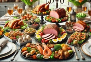 A-beautifully-styled-low-carb-Easter-dinner-spread-with-an-elegant-arrangement-of-roasted-lamb-baked-salmon-grilled-shrimp-glazed-ham-stuffed-chicken breasts.