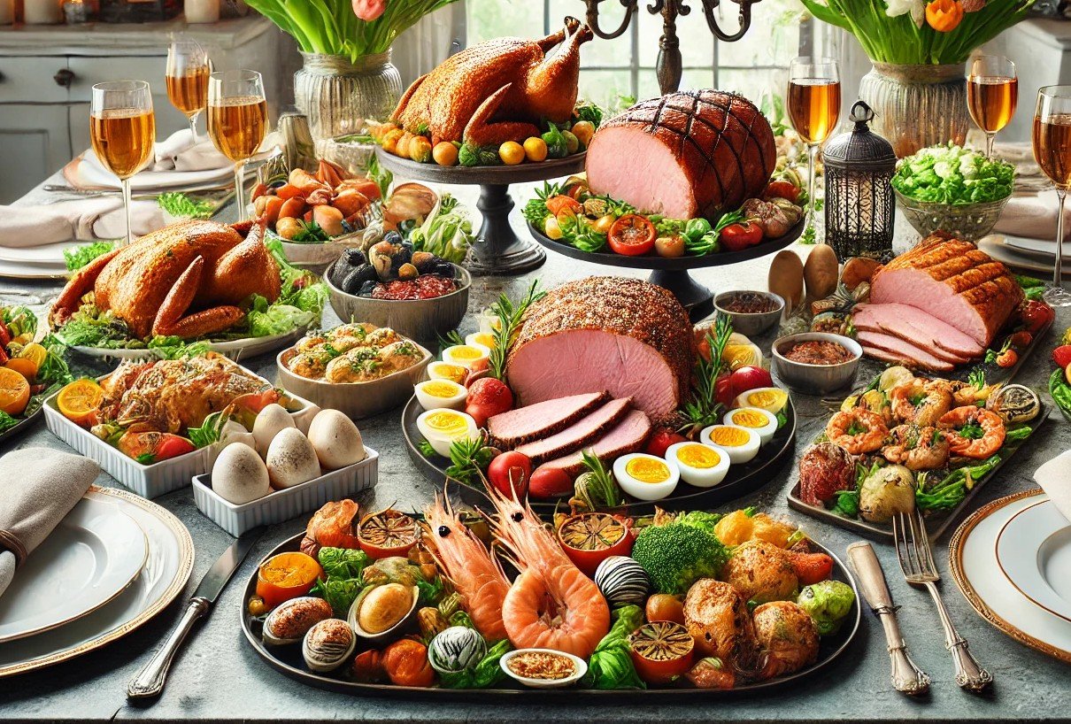 A-beautifully-styled-low-carb-Easter-dinner-spread-with-an-elegant-arrangement-of-roasted-lamb-baked-salmon-grilled-shrimp-glazed-ham-stuffed-chicken breasts.