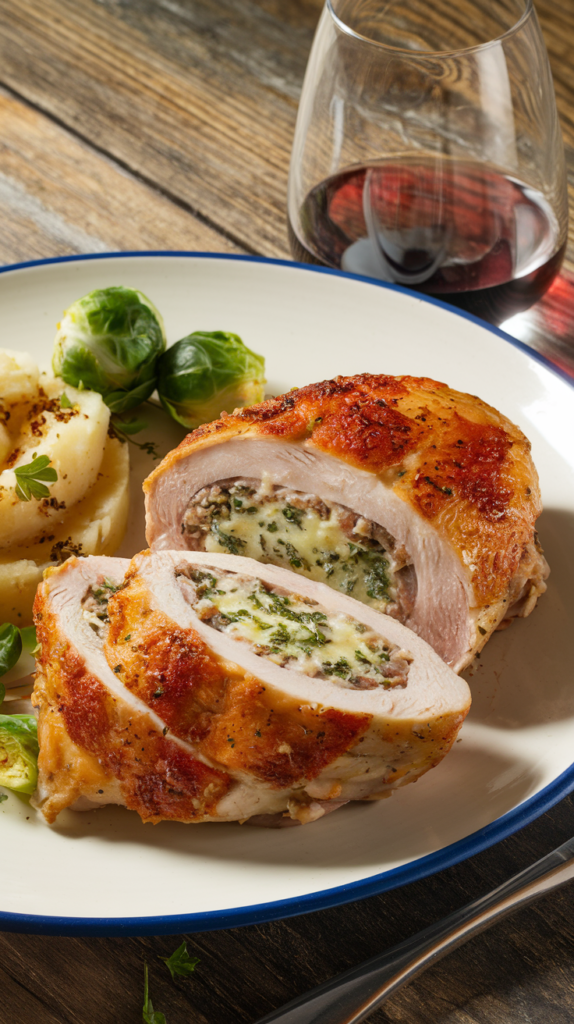 Low Carb Easter Dinner Ideas - Main Dishes. Golden brown stuffed chicken breast, sliced to reveal a cheesy, herby filling, paired with Brussels Sprouts & Mashed Turnips on a white plate that is on a wooden table with a glass of wine.