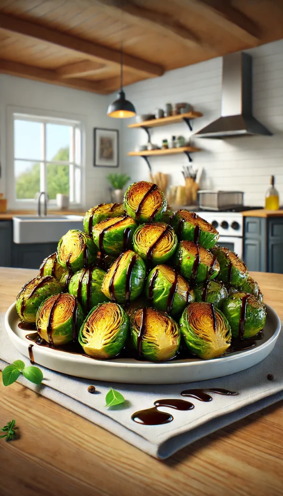 Low carb air fryer recipes - Brussels sprouts with balsamic glaze. They are golden and crispy on the outside, served on a plate. The Brussel sprouts are drizzled with balsamic glaze and seasoned.