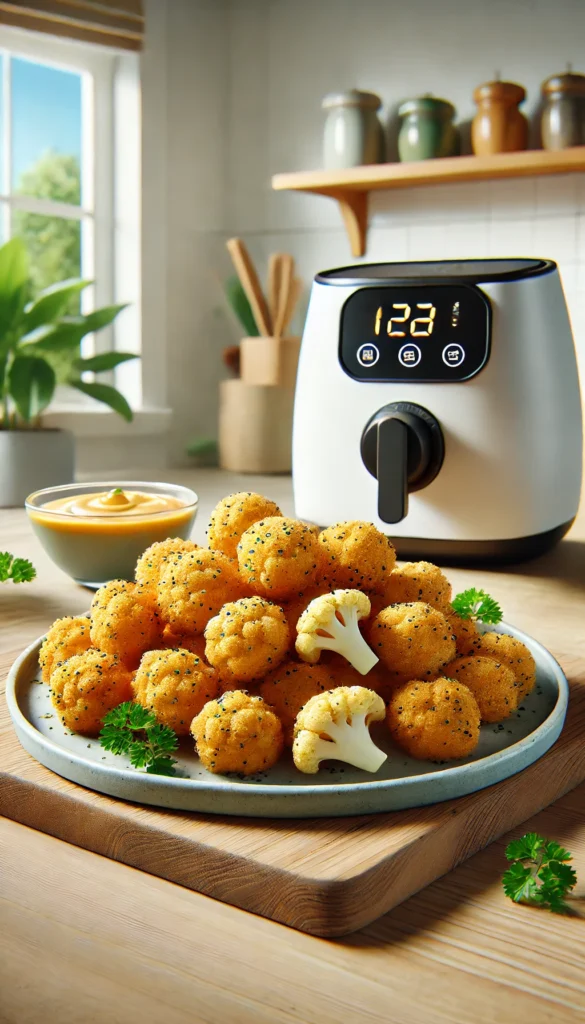 This low carb air fryer recipe is for cauliflower tots, golden and crispy on the outside, arranged on a plate with a side of dip. Yum!