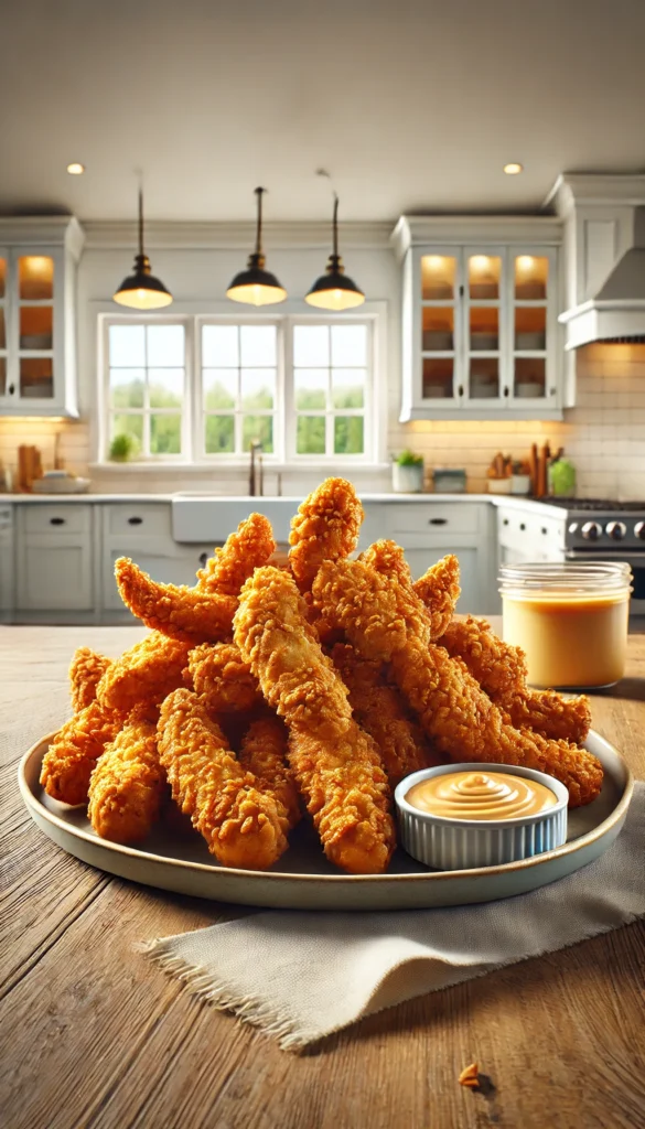 Low carb air fryer recipes - chicken tenders. The tenders are crispy and golden brown, served on a plate with a side of dipping sauce. Yum!