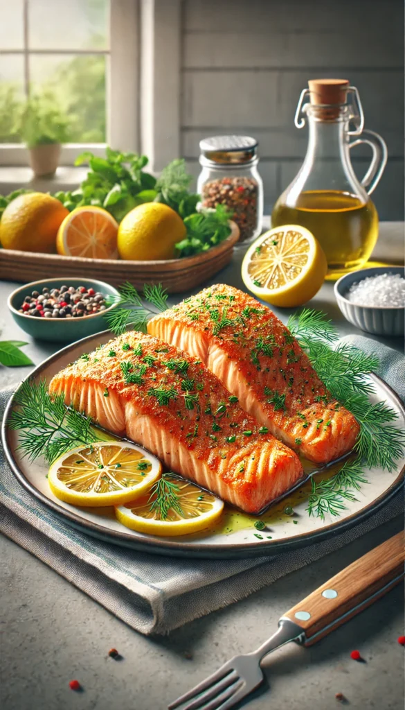 One of the low carb air fryer recipes crispy salmon fillets, served on a plate with a drizzle of lemon and herbs. The fillets are golden and succulent.