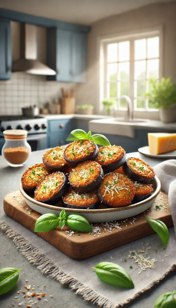 Low carb air fryer recipes - eggplant Parmesan bites, crispy and golden brown on the outside, served on a plate with a sprinkle of parmesan cheese.