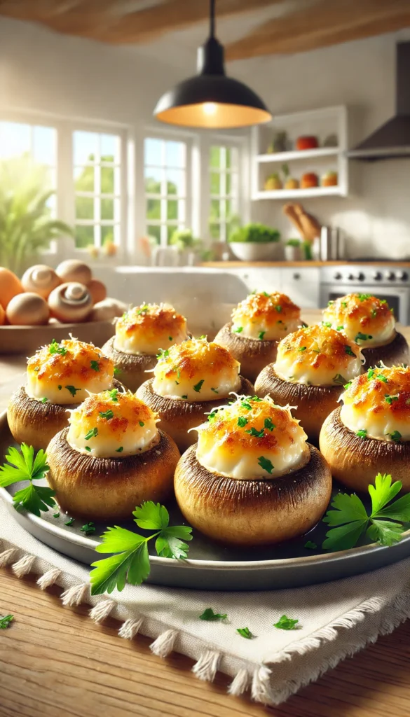 Our low carb air fryer recipes for stuffed mushrooms, golden and bubbly, served on a plate. The mushrooms are stuffed with cream cheese and garnished with herbs.