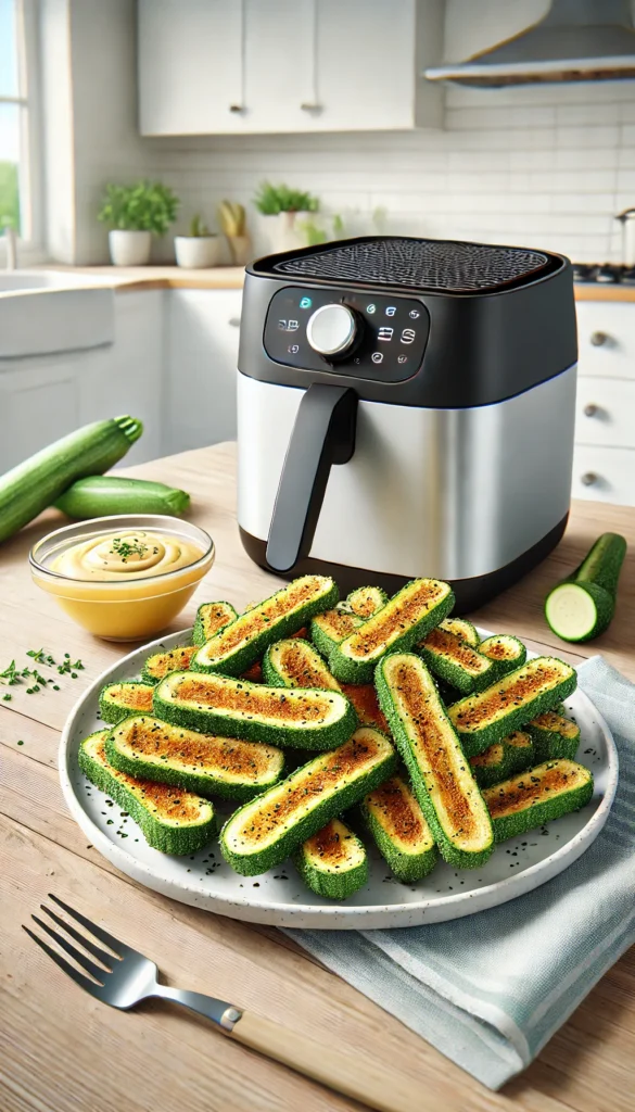 A low carb air fryer recipe for zucchini fries. Made in an air fryer, crispy and golden brown, arranged beautifully on a plate with a dipping sauce on the side. Delicious looking!