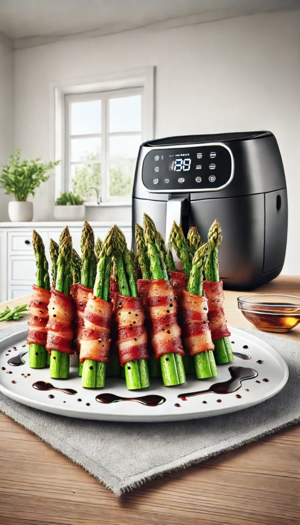 This low carb air fryer recipe is for bacon-wrapped asparagus. The asparagus is wrapped in crispy bacon and arranged beautifully on a plate. It is bright and delicious.