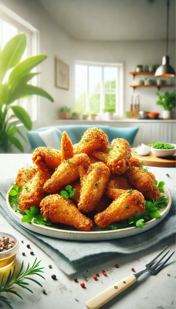 Crispy low carb air fryer chicken wings arranged beautifully on a plate, garnished with fresh herbs. The wings are golden and delicious.